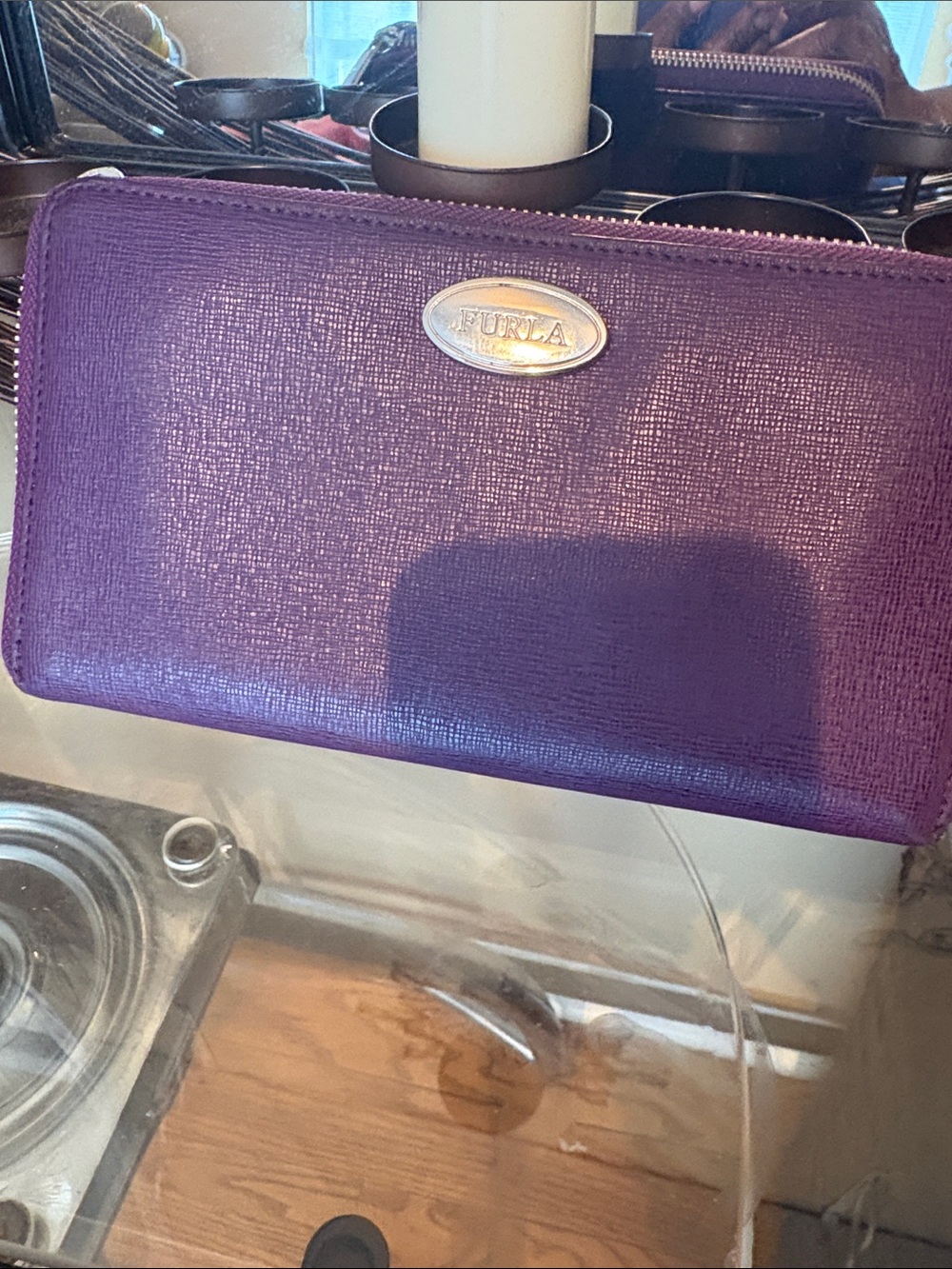 Furla Textured Purple Zip Wallet with Metal Logo